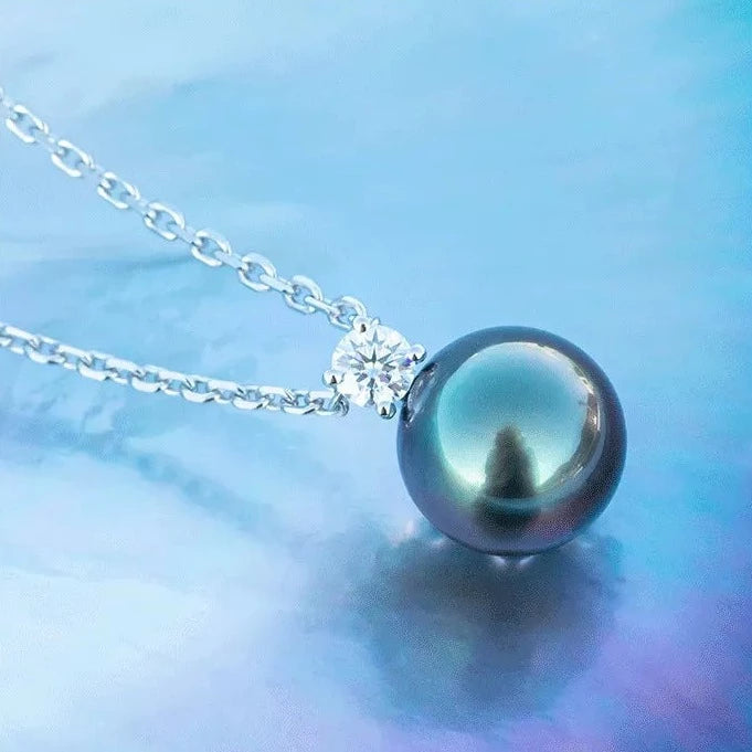 Sterling Silver Tahitian Black Pearl Moissanite Diamond Necklace Australia