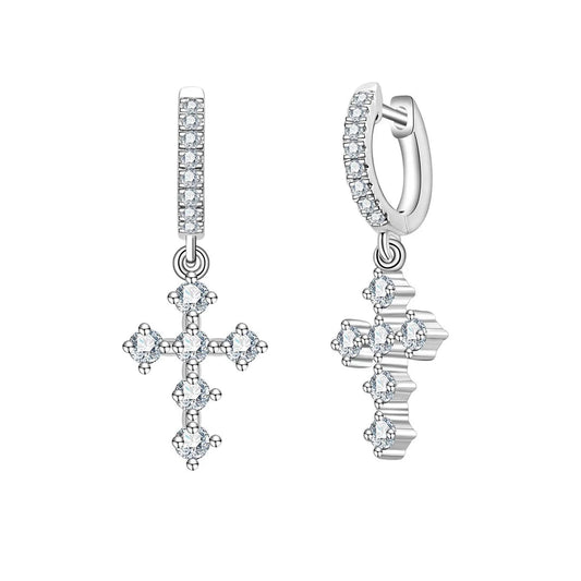 Moissanite Diamond Cross Drop Earrings Sterling Silver