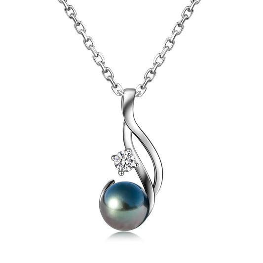 Tahitian Black Pearl 0.3ct Moissanite Diamond Pendant Necklace Sterling Silver