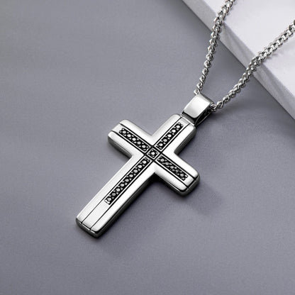 Silver Cross Necklace 1.2mm Black Moissanite Pendant Cuban Chain - Mens / Womens