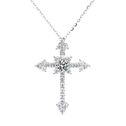 Moissanite Diamond Cross Pendant Necklace Sterling Silver
