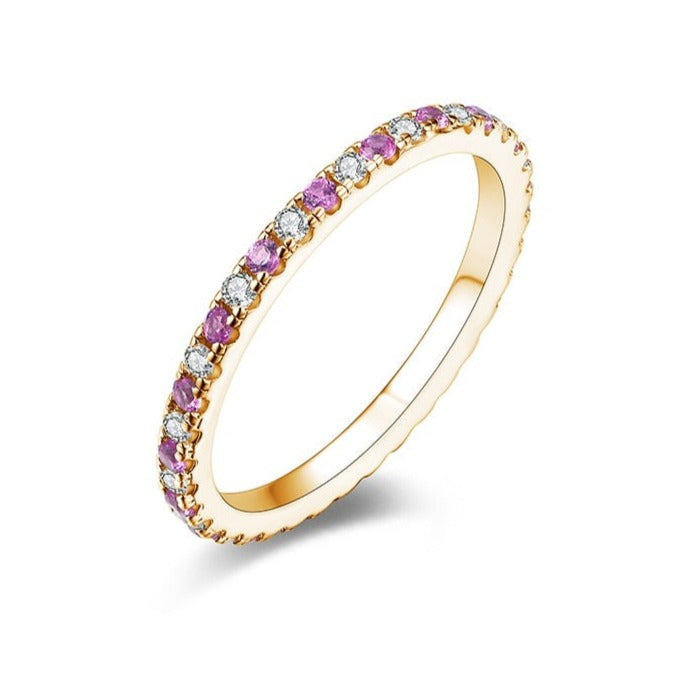 Pink Sapphire Moissanite Diamond Sterling Silver Eternity Ring