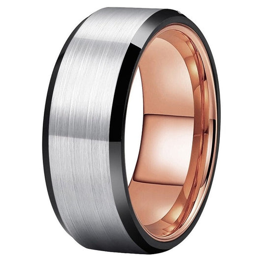 8mm Rose Black Silver Tungsten Carbide Mens Ring Bevelled Edges Brushed Finish Comfort Fit