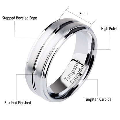 8mm Tungsten Carbide Stepped Groove Mens Ring / Mens Wedding Band