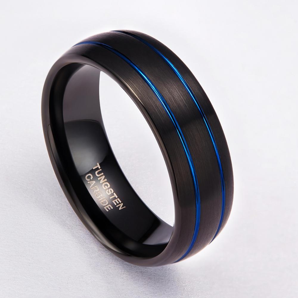 8mm Tungsten Ring Mens Black With Double Blue Lines Dome Band Comfort Fit