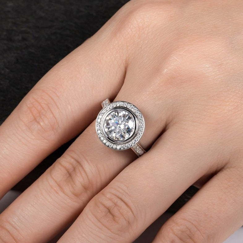 Sterling Silver Halo Moissanite Diamond Engagement Ring Australia