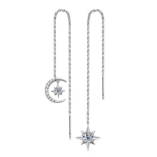 Star Moon Moissanite Drop Long Chain Earrings Sterling Silver
