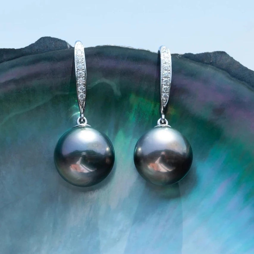 Tahitian Black Pearl Moissanite Diamond Earrings