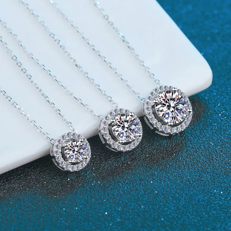 0.5-2ct Moissanite Diamond Necklace Halo Pendant O-Chain Sterling Silver