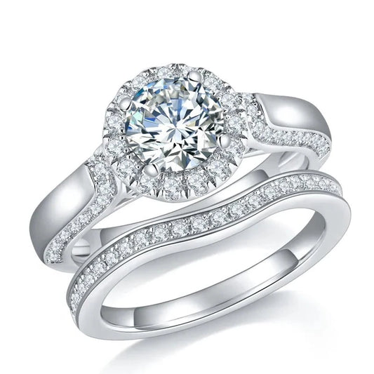 Modern Design Round Halo Moissanite Diamond Ring Set Sterling Silver