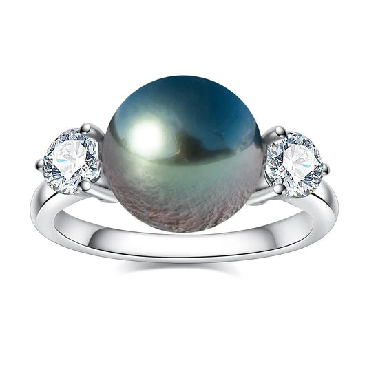 Tahitian Black Pearl Moissanite Diamond Engagement Ring 10K White Gold
