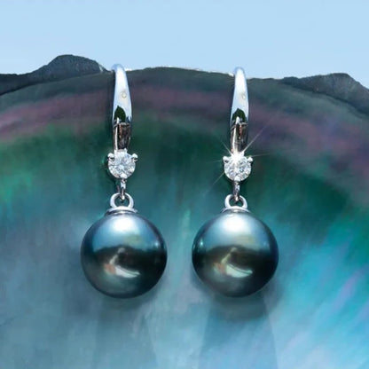 Holloway Jewellery Tahitian Black Pearl Moissanite Diamond Earrings Sterling Sliver