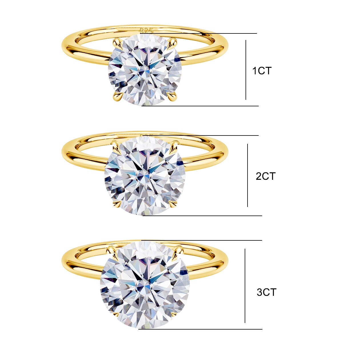 1ct / 2ct / 3ct Round Cut Solitaire Moissanite Diamond Ring 10K Gold, 14K Gold or 925 Sterling Silver