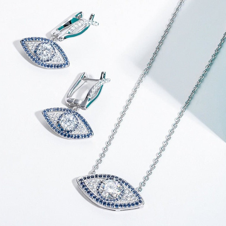 Lucky Evil Eye Protection Necklace And Earrings Set Moissanite Diamond Sterling Silver