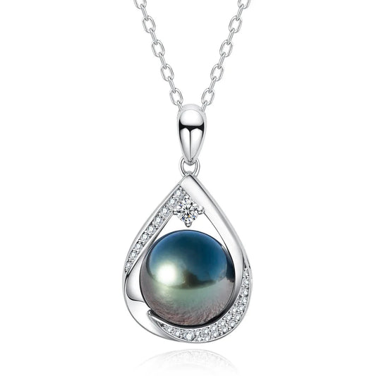 Tahitian Black Pearl Moissanite Diamond Pendant Necklace Sterling Silver