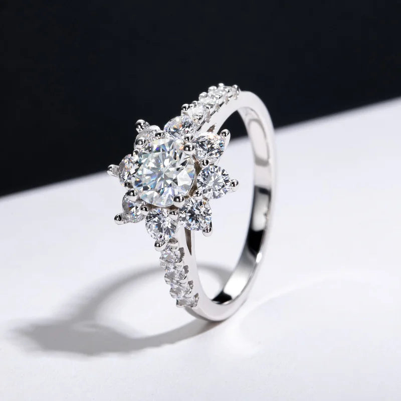 Moissanite Diamond Flower Halo Ring Sterling Silver
