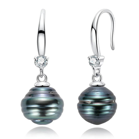 Threaded Style Tahitian Black Pearl Moissanite Diamond Earrings Sterling Silver