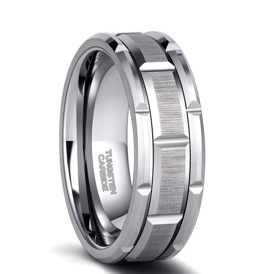 8mm Brick Pattern Mens Tungsten Ring Brushed Finish Comfort Fit Silver
