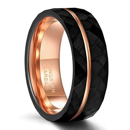 8mm mens tungsten ring black rose colour hammered effect finish