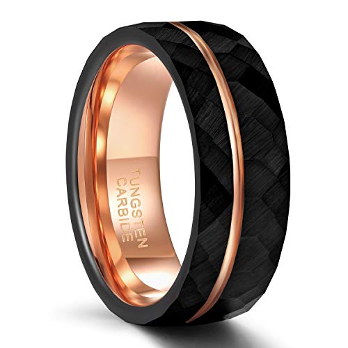 8mm mens tungsten ring black rose colour hammered effect finish