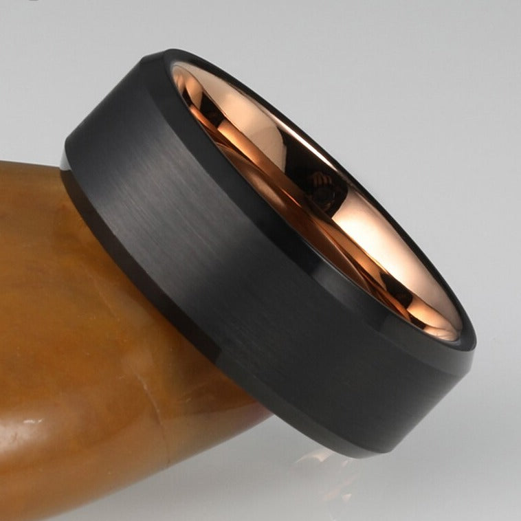 Holloway Jewellery Mens Tungsten Ring Black Rose Gold Colour Tungsten