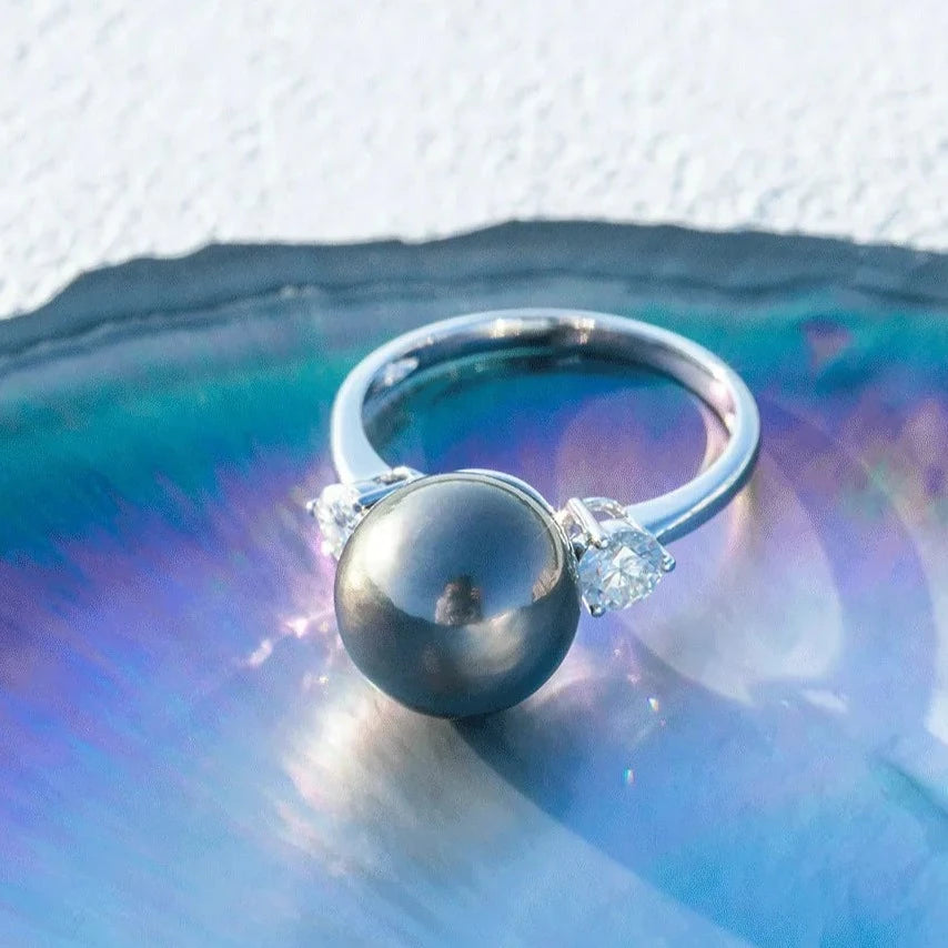 Tahitian Black Pearl Moissanite Diamond Engagement Ring