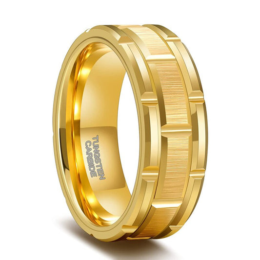 8mm Brick Pattern Mens Tungsten Ring Brushed Finish Comfort Fit Gold