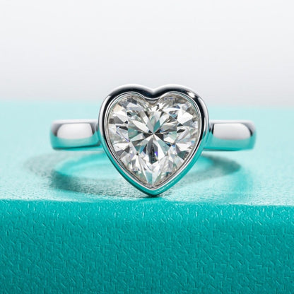 3 Carat Heart Shape Moissanite Diamond Bezel Ring Sterling Silver