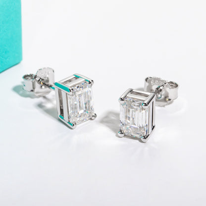 Emerald Cut Moissanite Diamond Stud Earrings Sterling Silver
