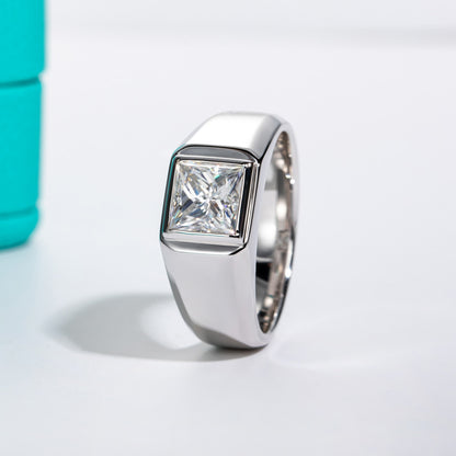 2 Carat Princess Cut Mens Moissanite Diamond Ring Sterling Silver