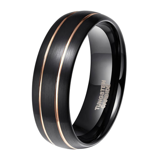8mm Tungsten Ring Black With Double Gold Lines 