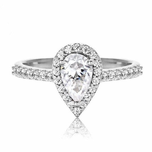 1 Carat Pear Shape Moissanite Diamond Halo Engagement Ring Sterling Silver