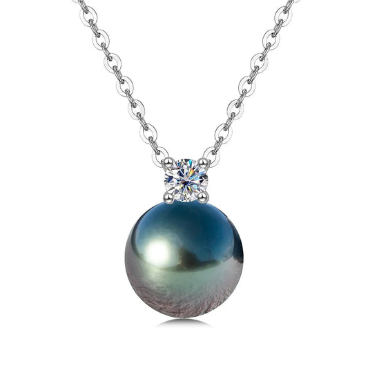 Tahitian Black Pearl Moissanite Diamond Necklace Sterling Silver