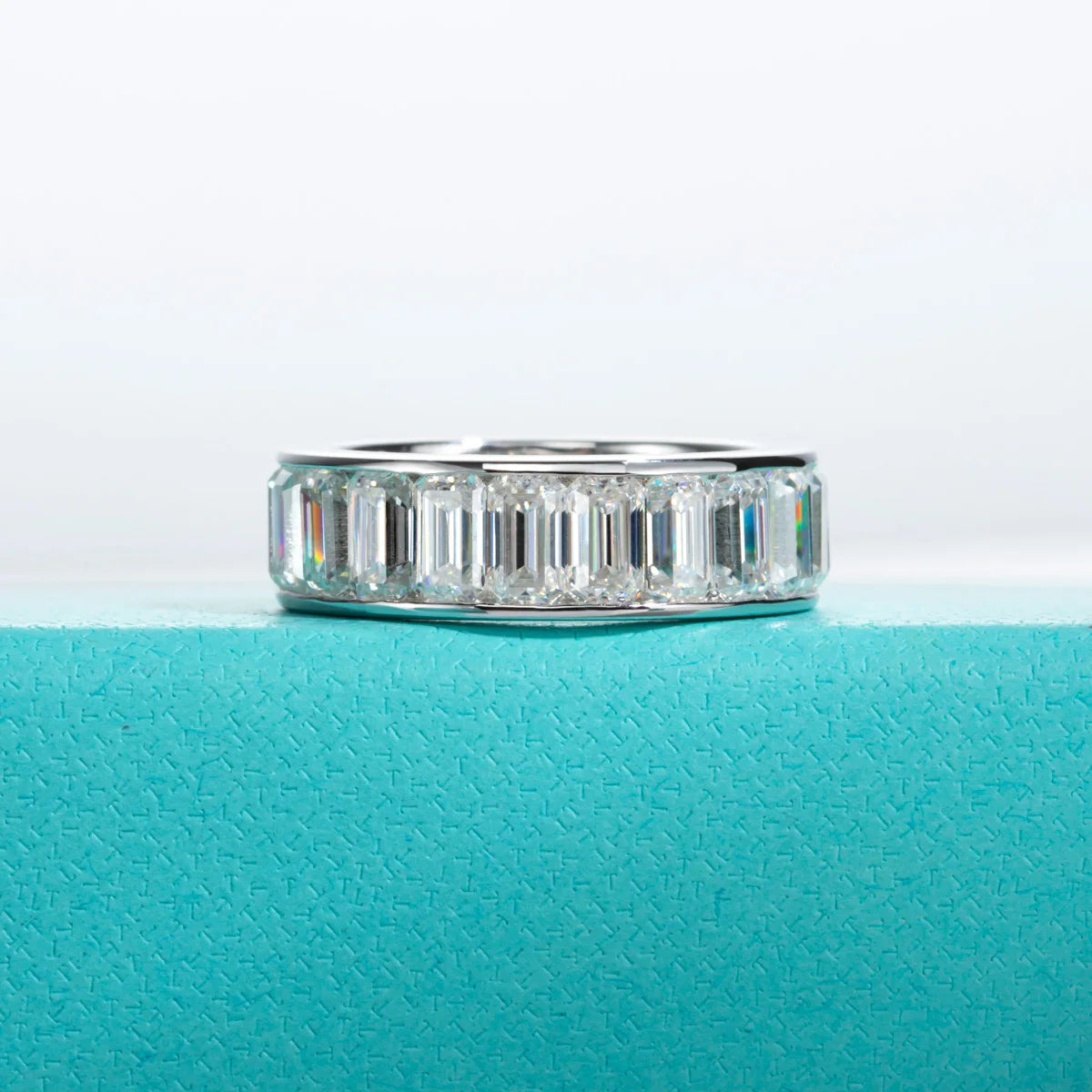 Emerald Cut Moissanite Diamond Eternity Ring Sterling Silver