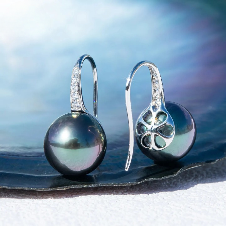 Tahitian Black Pearl Moissanite Diamond Drop Earrings