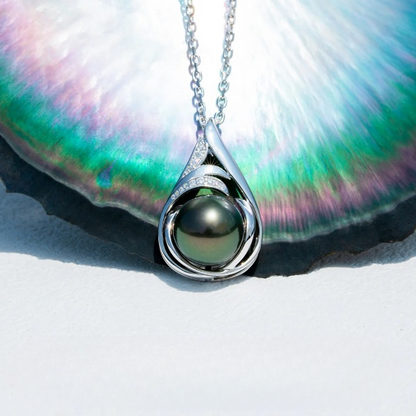 Tahitian Black Pearl Moissanite Diamond Pendant Necklace