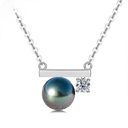 9-10mm Tahitian Black Pearl 0.3ct Moissanite Diamond Necklace Sterling Silver