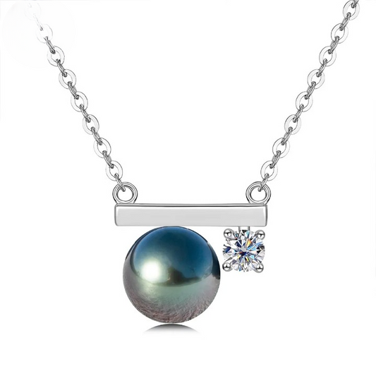 9-10mm Tahitian Black Pearl 0.3ct Moissanite Diamond Necklace Sterling Silver