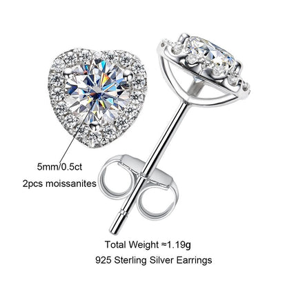 0.5 Carat Moissanite Diamond Heart Shape Stud Earrings Sterling Silver