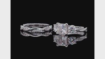 1.5ct Princess Cut Moissanite Diamond Three Stone Engagement Ring Set Sterling Silver