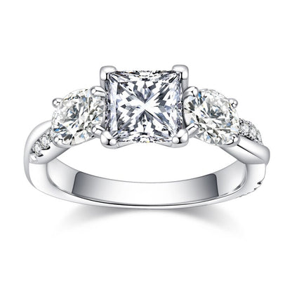 Princess Cut Three Stone Moissanite Diamond Engagement Ring Sterling Silver