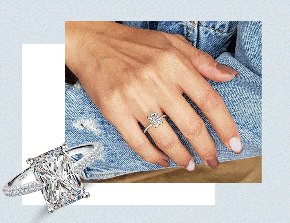 Rectangle Moissanite Diamond Sterling Silver Engagement Ring USA