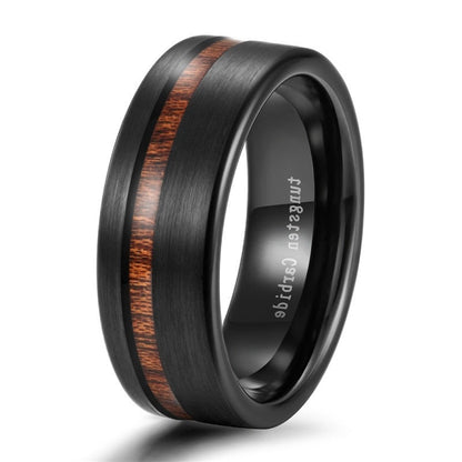 8mm Black Tungsten Carbide Mens Ring with Wood Line Inlay