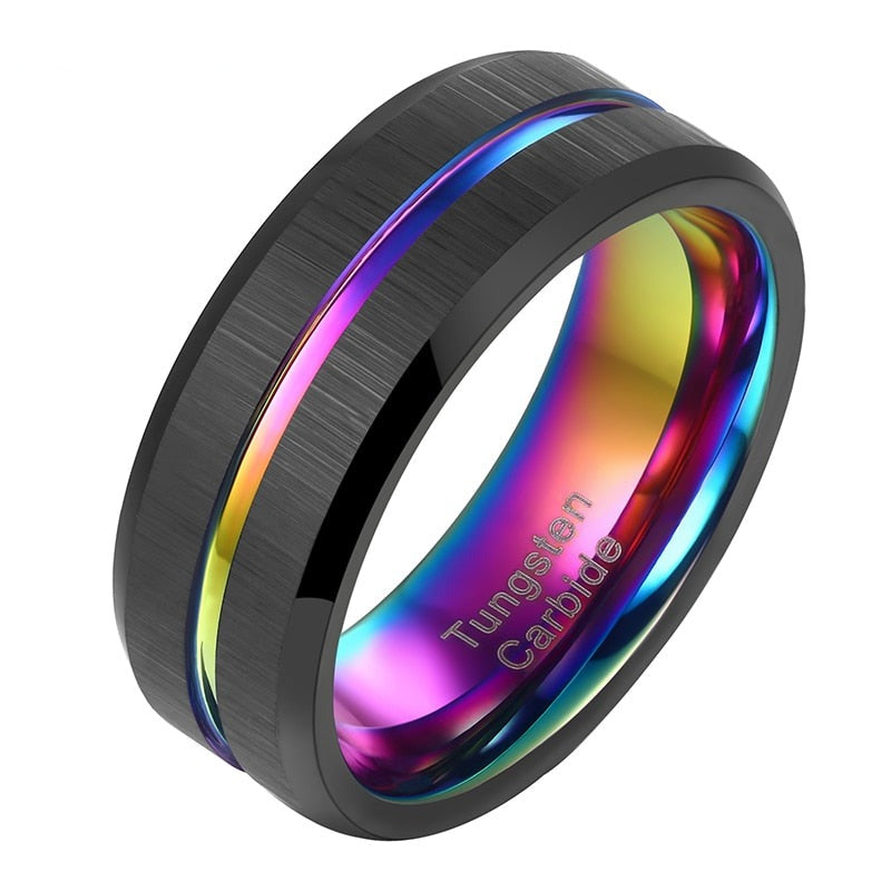 8mm Black Tungsten Carbide Mens Ring Rainbow Intermediate Groove