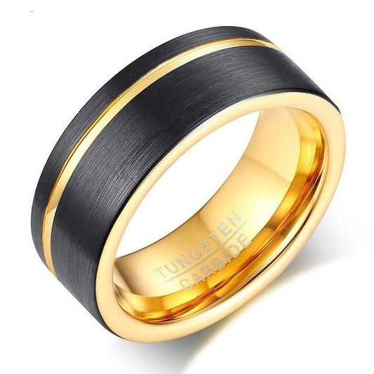 8mm Mens Tungsten Ring Black Brushed Finish Flat Band With Gold Groove