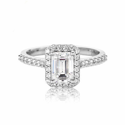 1 Carat Emerald Cut Moissanite Diamond Halo Engagement Ring Sterling Silver