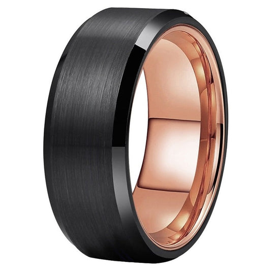 8mm Rose Black Tungsten Carbide Mens Ring Bevelled Edges Brushed Finish Comfort Fit