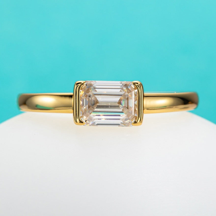 emerald ring moissanite diamond emerald cut sterling silver gold colour Holloway Jewellery
