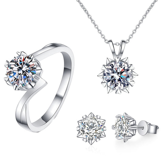Moissanite Diamond Snowflake Pendant Necklace Solitaire Ring Stud Earring Jewellery Set