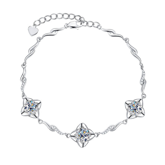 Moissanite Diamond Four Leaf Clover Bracelet Sterling Silver